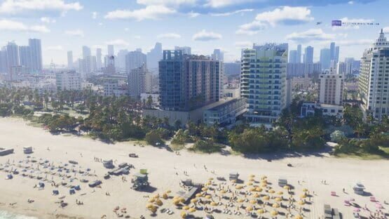Grand Theft Auto VI (PlayStation 5) screenshot showing a vibrant beachfront cityscape with tall buildings, palm trees, and beach umbrellas.