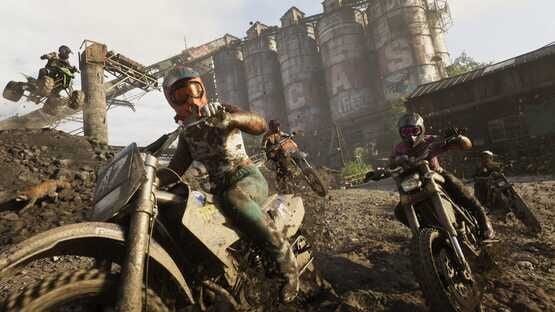 A Grand Theft Auto VI (PlayStation 5) screenshot shows dirt bike riders speeding through a muddy industrial area with silos in the background.