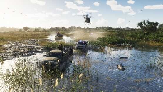Screenshot from Grand Theft Auto VI (PlayStation 5) showing cars in a swampy area, a helicopter above, and police pursuit.