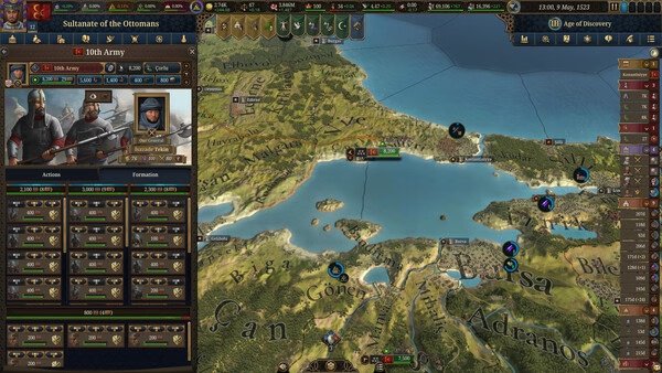 Screenshot of Europa Universalis V showing Ottoman army details and a strategic map view of Anatolia and the surrounding region.