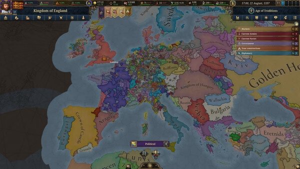 Screenshot of Europa Universalis V showing a political map of Europe with various countries and regions highlighted, dated 1377.