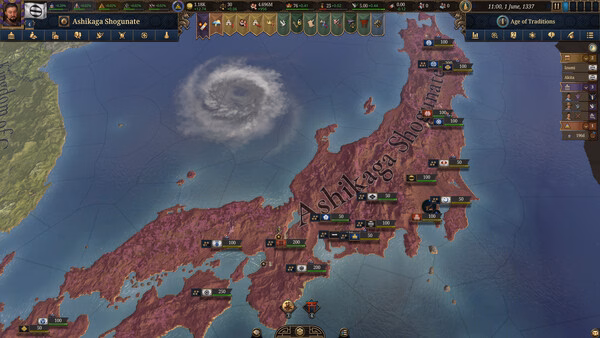 Screenshot from Europa Universalis V showing a map of Japan under Ashikaga Shogunate control, with provinces and a storm visible.