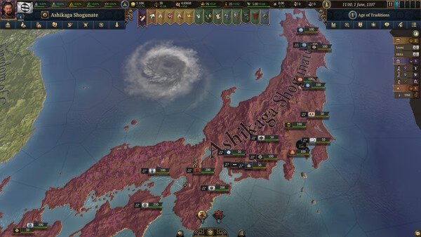 Screenshot from Europa Universalis V showing a map of Japan under Ashikaga Shogunate control, with provinces and a storm visible.
