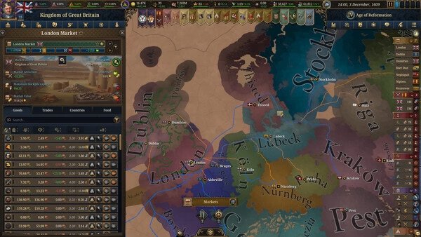 Screenshot from Europa Universalis V showing the London Market interface and map with various European territories and trade routes.