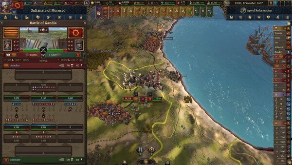 Screenshot from Europa Universalis V showing a detailed battle map with armies engaged in the Battle of Gandia near a coastline.