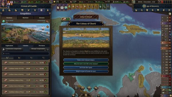 Screenshot from Europa Universalis V showing a decision menu for founding a colony in Chorti, with options to choose the colony's focus.