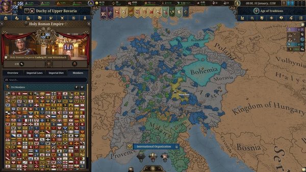 Screenshot from Europa Universalis V showing a detailed map of Europe, highlighting the Holy Roman Empire and its territories.