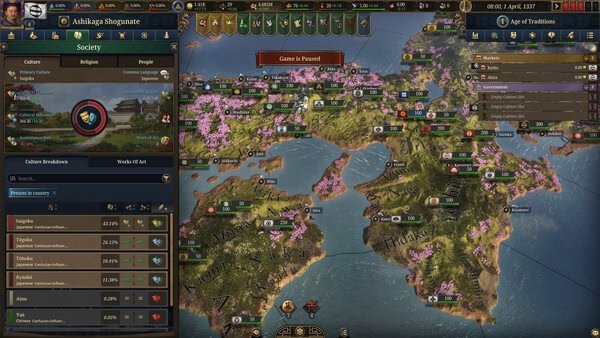 Europa Universalis V screenshot showing a paused game with detailed maps, regions, and society stats on the left panel.
