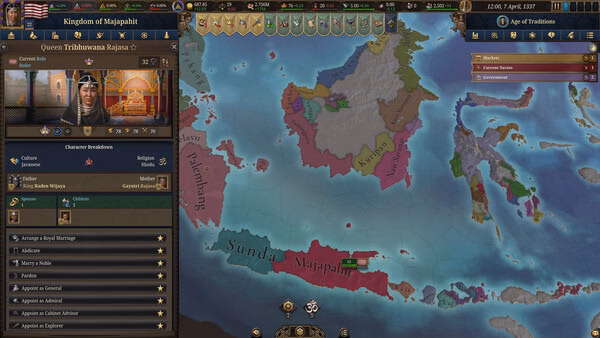 Screenshot from Europa Universalis V showing the Kingdom of Majapahit with Queen Tribhuwana Rajas in the character panel and map view.