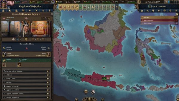 Screenshot from Europa Universalis V showing the Kingdom of Majapahit with Queen Tribhuwana Rajas in the character panel and map view.