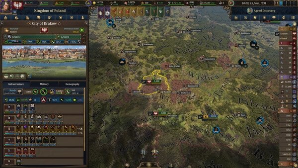 Screenshot from Europa Universalis V showing the Kingdom of Poland map with city details and military units in view.