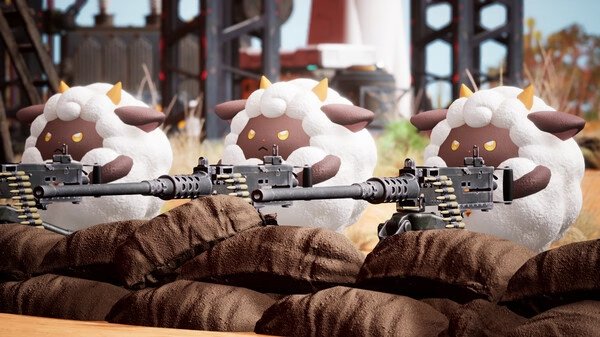 Three fluffy creatures from Palworld wielding machine guns behind sandbags, in a vibrant outdoor setting. Palworld screenshot.