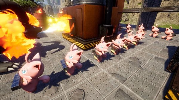 Screenshot from Palworld showing a line of pink, fox-like creatures with big eyes carrying metal blocks on a stone path.