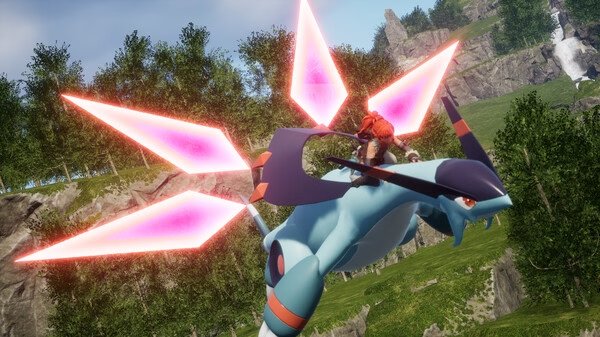 Screenshot from Palworld showing a character riding a large, blue creature with pink glowing wings in a lush, green landscape.