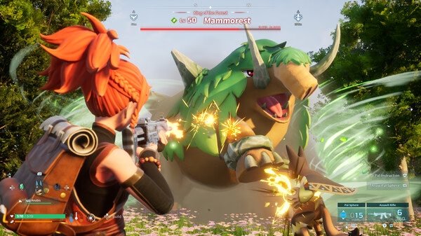 Screenshot from Palworld showing a player character battling a large creature named Mammorest in a lush, green environment.