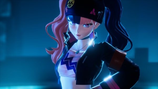 A Palworld screenshot featuring a character with colorful hair, a black cap, and a vibrant outfit in a glowing blue environment.