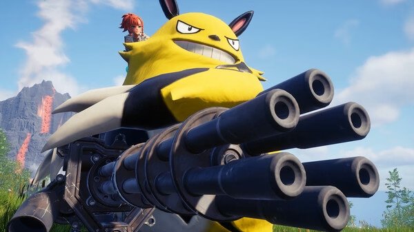 Screenshot from Palworld showing a character riding a large, yellow creature equipped with a multi-barrel gun in a grassy landscape.