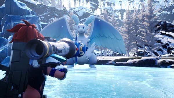 A Palworld screenshot showing a character aiming a rocket launcher at a large blue dragon-like creature in a snowy landscape.