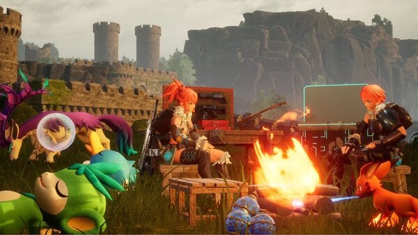 Screenshot from Palworld showing characters sitting around a campfire with various creatures and castle ruins in the background.