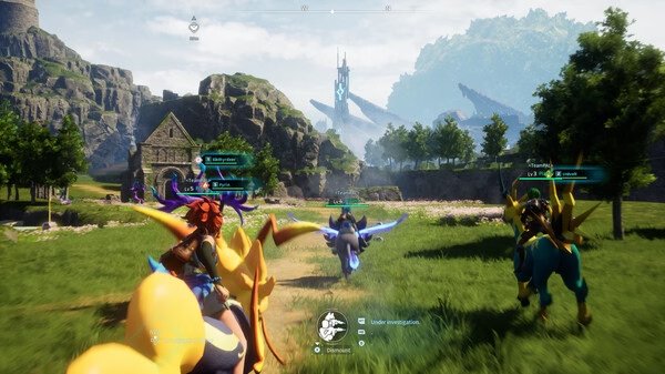 Screenshot from Palworld showing players riding colorful creatures through a lush, open landscape with distant structures.