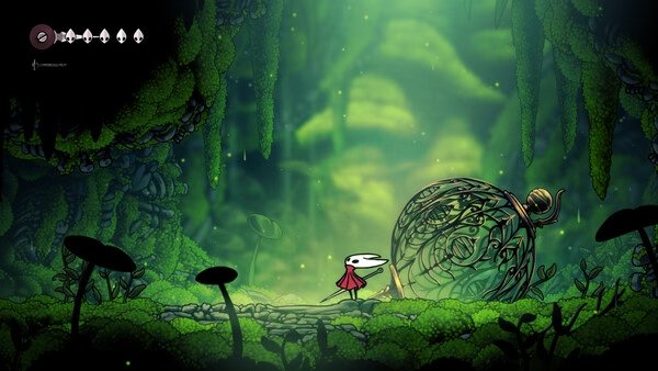 Hollow Knight: Silksong screenshot showing the main character exploring a lush, green cavern with intricate plant-covered structures.
