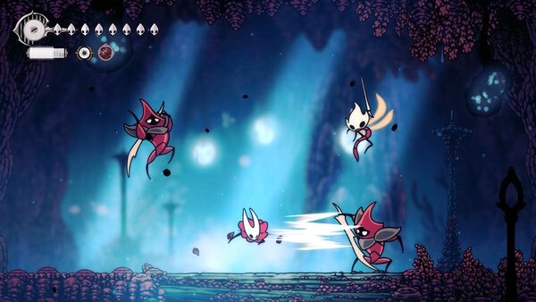 Screenshot from Hollow Knight: Silksong showing Hornet battling three enemies in a mystical, glowing forest environment.