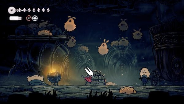 Screenshot from Hollow Knight: Silksong showing Hornet exploring a dimly lit area with fluffy creatures around.