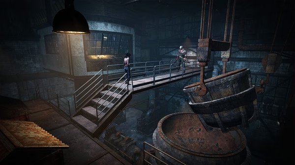 Screenshot from Dead by Daylight showing two characters on a metal walkway in a dimly lit industrial setting with large vats below.