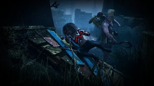Dead by Daylight screenshot: A survivor vaults over a wooden pallet while being chased by a monstrous killer in a foggy, dark environment.