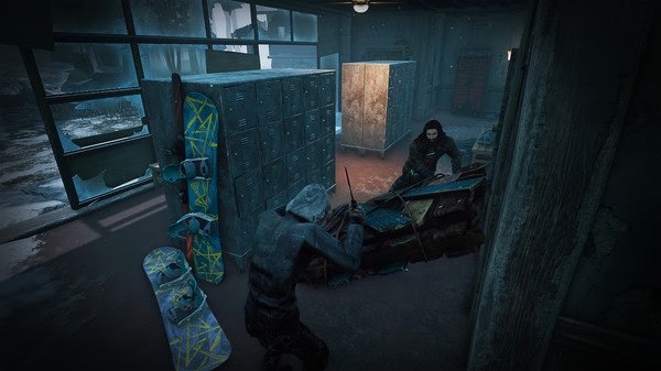 Dead by Daylight screenshot: A survivor vaults over a barricade, escaping a pursuing killer in a dimly lit indoor area.
