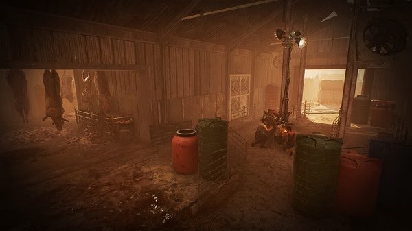 Screenshot from Dead by Daylight showing a player character repairing a generator in a dimly lit barn with hanging meat.