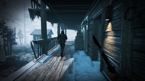 Dead by Daylight screenshot: A survivor runs along a snowy, wooden path as a killer with a weapon pursues in a tense chase scene.