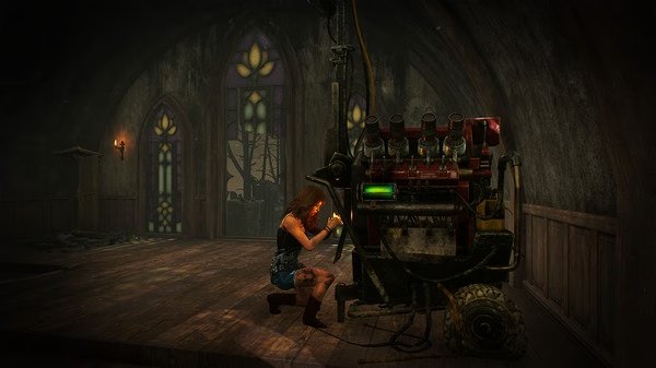 Dead by Daylight screenshot: A character repairs a generator inside a dimly lit, gothic building with stained glass windows.