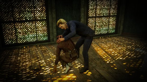 Dead by Daylight screenshot: A character kneels on the floor while another stands over them in a dimly lit room with patterned windows.