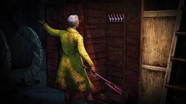 A Dead by Daylight screenshot showing a character in a yellow coat near a red locker, holding a purple-hued weapon.