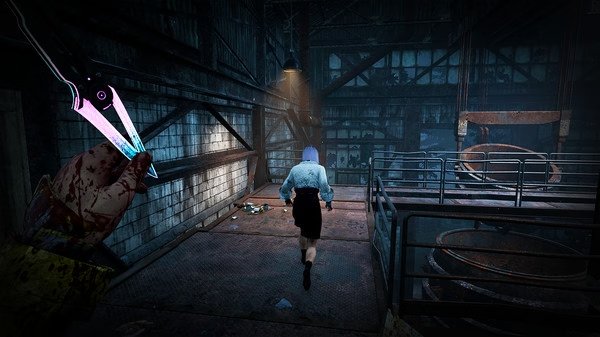 Dead by Daylight screenshot: A survivor with purple hair runs through an industrial map as a killer wields a glowing blade nearby.