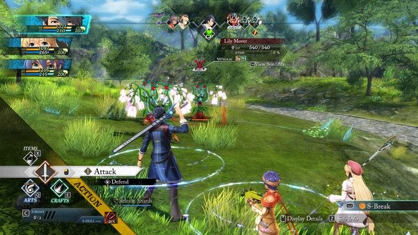 Screenshot from "The Legend of Heroes: Trails through Daybreak" showing characters in a grassy field battling an enemy.