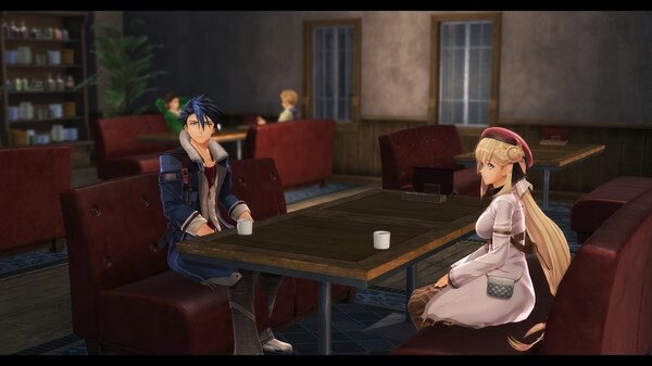 Screenshot from "The Legend of Heroes: Trails through Daybreak" showing two characters seated at a café table with coffee cups.