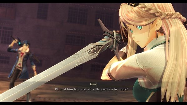 A screenshot from The Legend of Heroes: Trails through Daybreak shows two characters facing off with swords drawn.