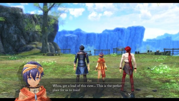 Screenshot from "The Legend of Heroes: Trails through Daybreak" showing three characters standing in a grassy field with mountains in the background.