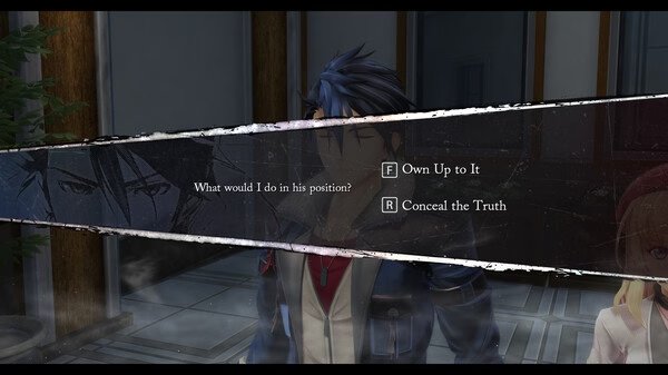 Screenshot from The Legend of Heroes: Trails through Daybreak showing a dialogue choice between "Own Up to It" and "Conceal the Truth."