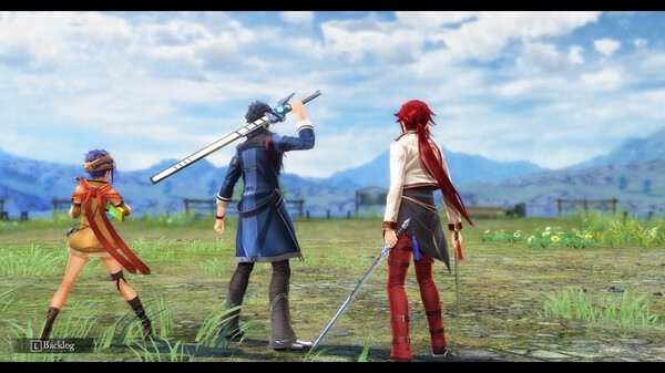 Screenshot from The Legend of Heroes: Trails through Daybreak showing three characters standing in a grassy field with weapons drawn.