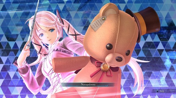 Screenshot from The Legend of Heroes: Trails through Daybreak II showing a character with a large teddy bear against a geometric background.