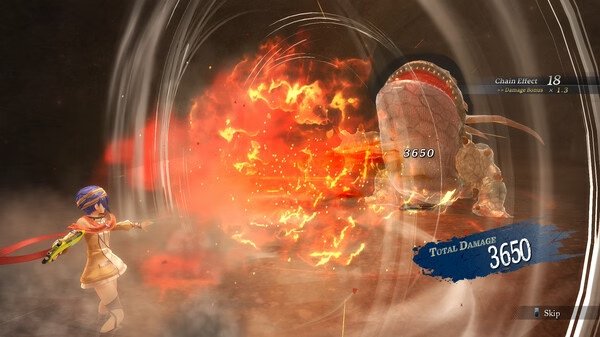 Screenshot from The Legend of Heroes: Trails through Daybreak II showing a character attacking an enemy with fire, dealing 3650 damage.