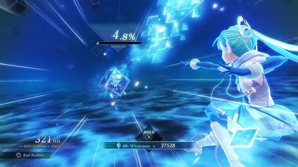 Screenshot from The Legend of Heroes: Trails through Daybreak II showing a character casting a powerful blue magic spell against a target.
