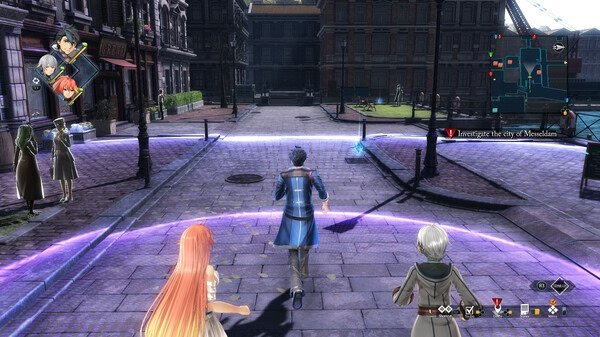 Screenshot from The Legend of Heroes: Trails through Daybreak II showing characters exploring the city of Marduklam with a quest marker.