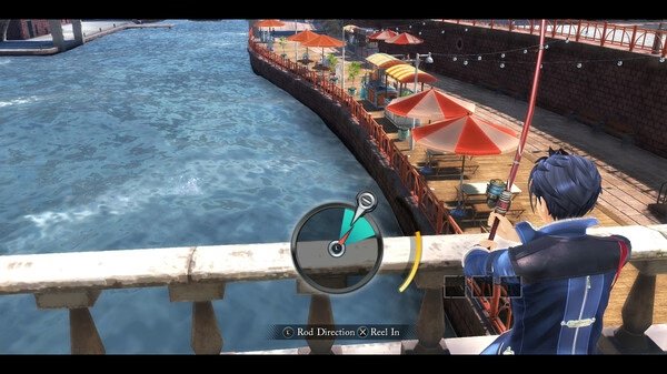 Screenshot from The Legend of Heroes: Trails through Daybreak II shows a character fishing from a bridge overlooking a river.
