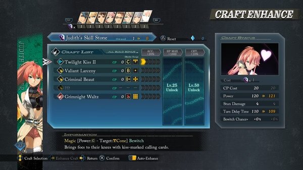 Screenshot of "The Legend of Heroes: Trails through Daybreak II" showing Judith's Skill Stone menu and craft abilities selection screen.