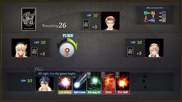 Screenshot from "The Legend of Heroes: Trails through Daybreak II" showing a card game interface with character portraits and cards.