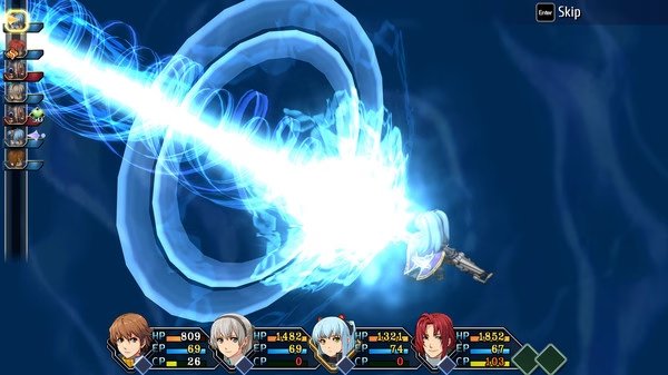Screenshot from The Legend of Heroes: Trails from Zero showing a character casting a powerful blue energy spiral attack.